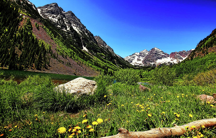 Maroon Bells in Summer Painted Photograph by Judy Vincent