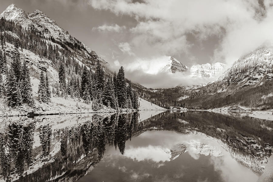Maroon Bells Peaks and Mountain Landscape Reflections - Sepia Photograph by Gregory Ballos
