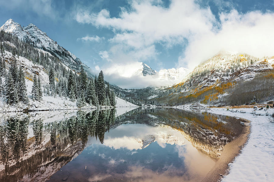 Mountain Photograph - Maroon Bells Snowy Autumn Mountain Landscape - Aspen Colorado by Gregory Ballos