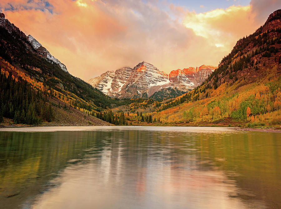 Fall Photograph - Maroon Bells sunrise reflection by Wasatch Light
