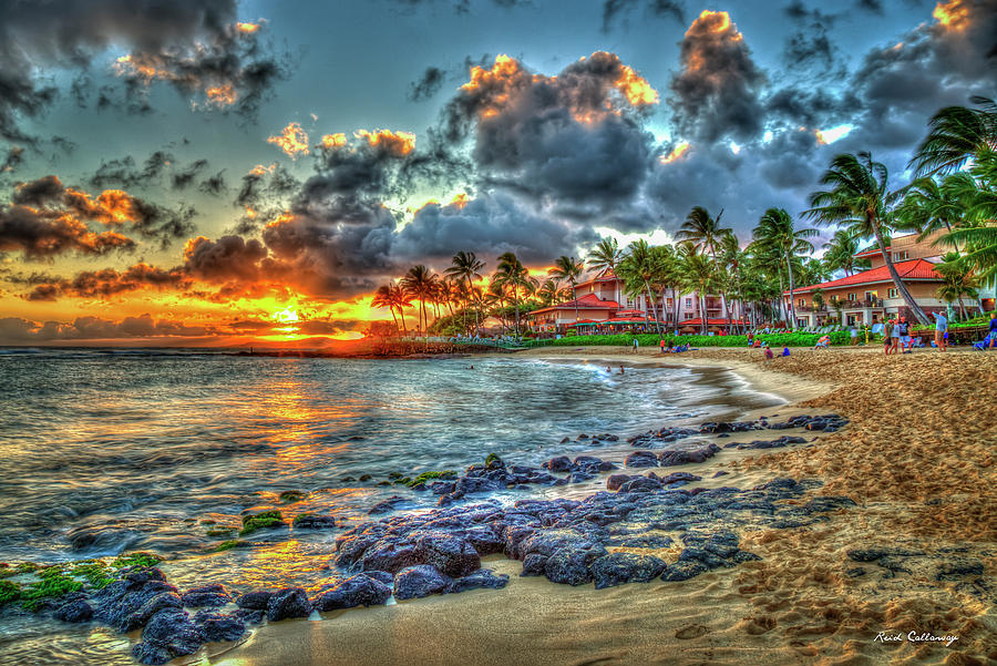 Kauai HI Marriotts Waiohai Beach Club Sunset Poipu Beach Seascape Art Photograph by Reid Callaway