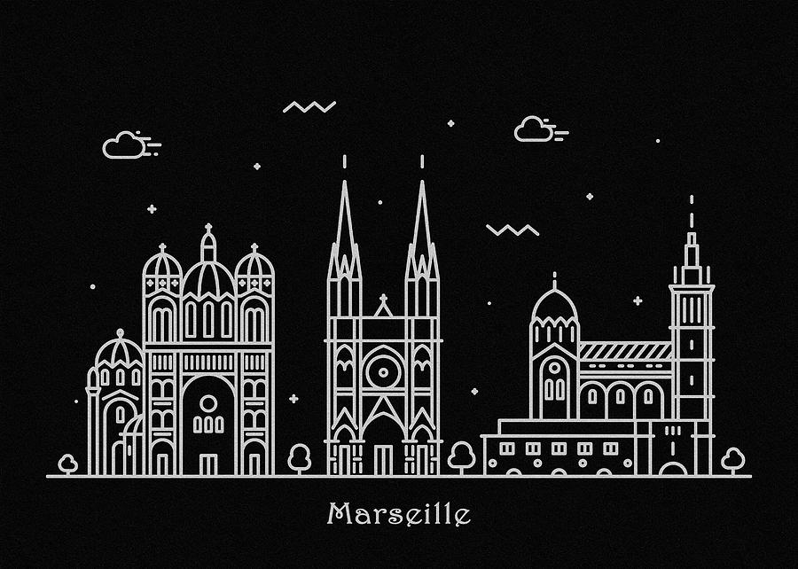 Marseille Skyline Travel Poster Drawing by Inspirowl Design