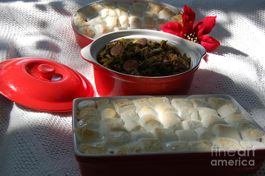 Food Photograph - Marshmellow covered candied yams and Southern Greens by Mia Alexander