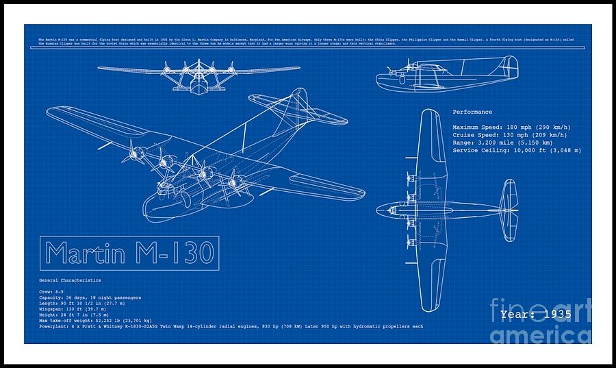 Martin 1935 M 130 Seaplane Blueprint Drawing by Peter Ogden