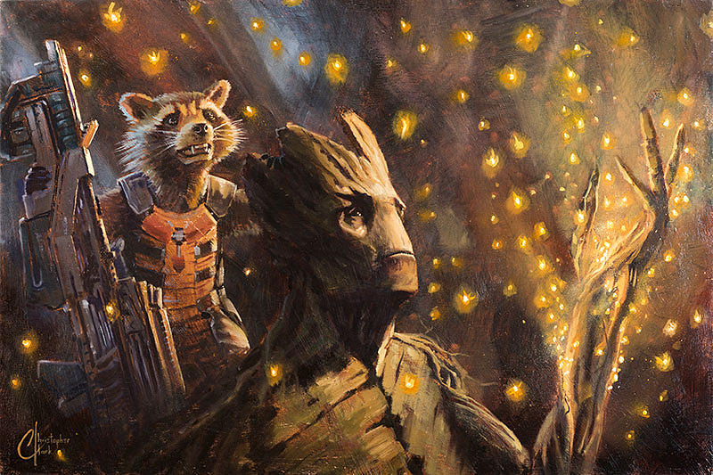 Guardians Of The Galaxy Painting - Marvel Rocket and Groot Seeing in the Dark by Christopher Clark