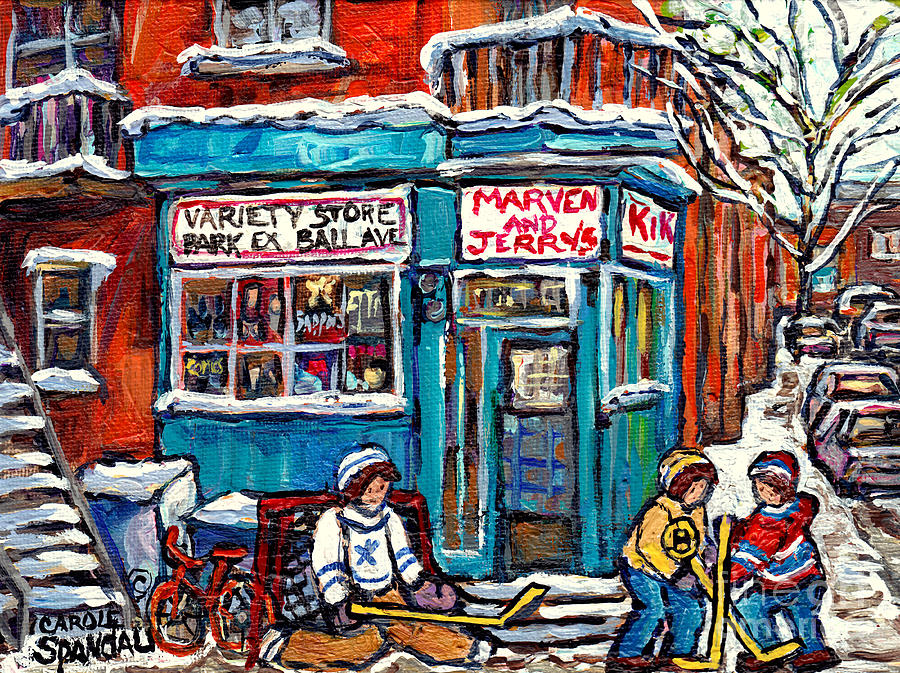 Marven And Jerry Park Ex Corner Store Paintings For Sale Hockey Art Winterscenes Montreal C Spandau  Painting by Carole Spandau