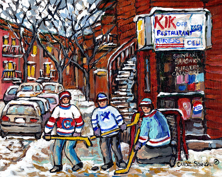 Marvens Restaurant Park Ex Winter In The City Montreal Art Street Hockey Painting For Sale C Spandau Painting by Carole Spandau