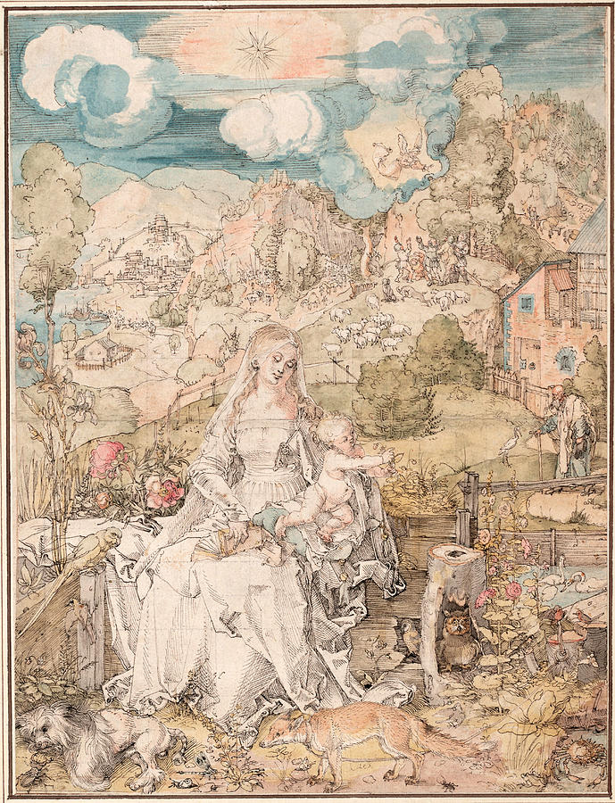 Albrecht Duerer Drawing - Mary among a Multitude of Animals by Albrecht Duerer