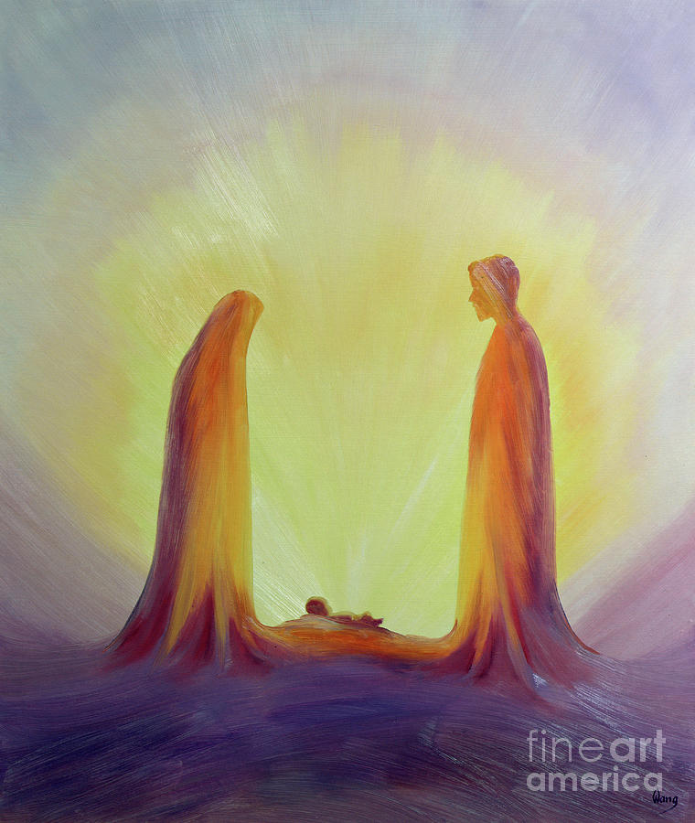 Mary and Joseph look with faith on the child Jesus at his Nativity Painting by Elizabeth Wang