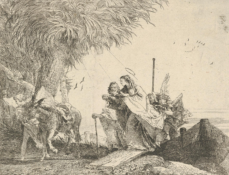 Mary, helped by Joseph and an angel, stepping from a boat to the shore Relief by Giovanni Domenico Tiepolo