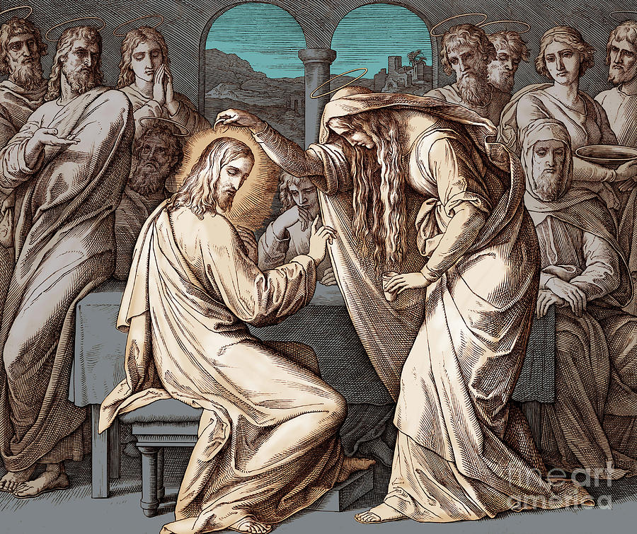 Jesus Christ Drawing - Mary Magdalene anoints Jesus, Gospel of Matthew by Julius Schnorr von Carolsfeld