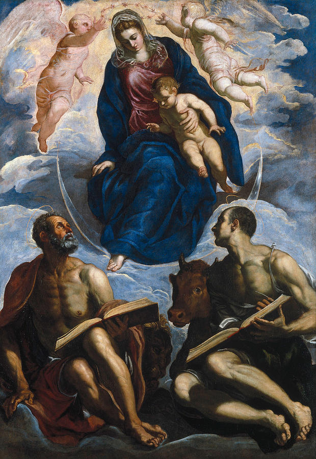 Madonna Painting - Mary with the Child, Venerated by St. Marc and St. Luke by Tintoretto