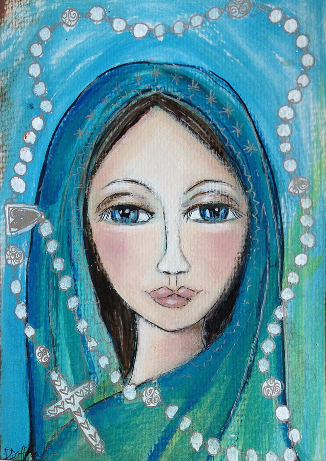 Mary Painting - Mary with White Rosary Beads by Denise Daffara