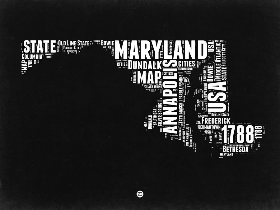 Independence Day Digital Art - Maryland Black and White Map by Naxart Studio