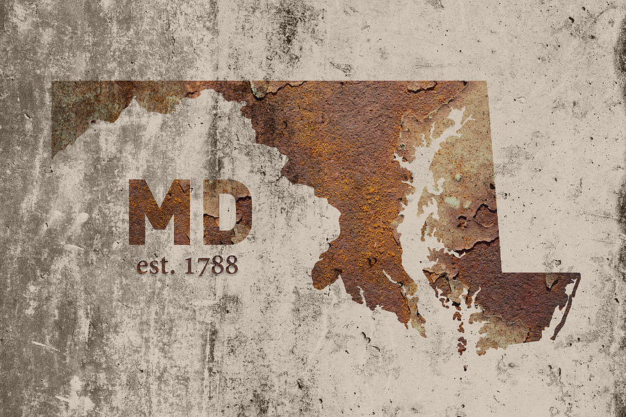 Baltimore Mixed Media - Maryland State Map Industrial Rusted Metal on Cement Wall with Founding Date Series 027 by Design Turnpike