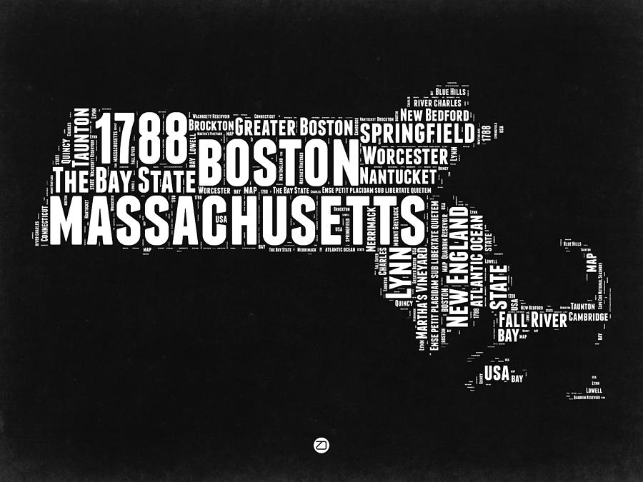Independence Day Digital Art - Massachusetts Black and White Word Cloud Map by Naxart Studio