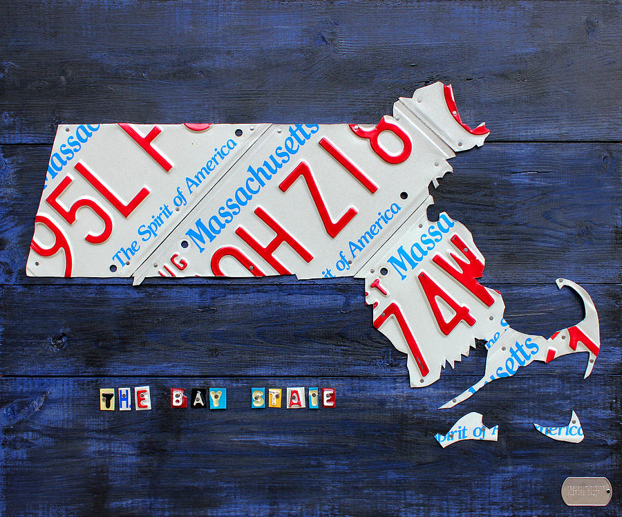 Massachusetts Map Recycled Vintage License Plate Art Mixed Media by