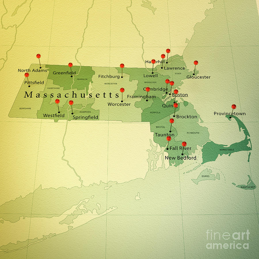 Massachusetts US State Map Square Cities Straight Pin Vintage Digital Art by Frank Ramspott