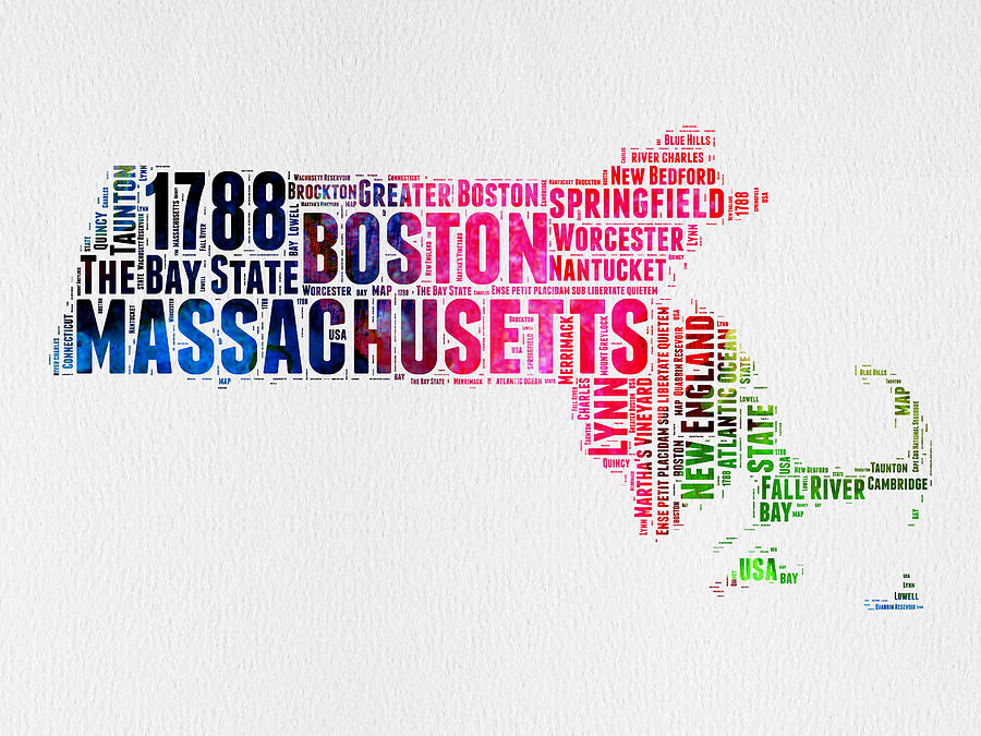 Boston Digital Art - Massachusetts Watercolor Word Cloud Map  by Naxart Studio