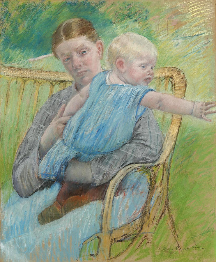 Mathilde Holding a Baby Who Reaches Out to Right Drawing by Mary Stevenson Cassatt