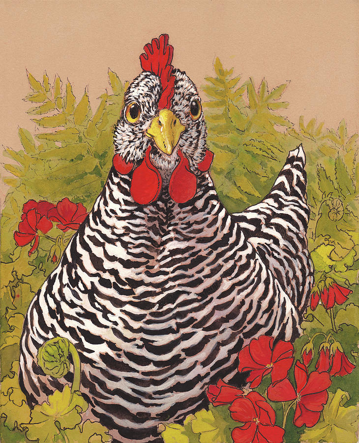 Chicken Painting - Matilda in the Geraniums by Tracie Thompson