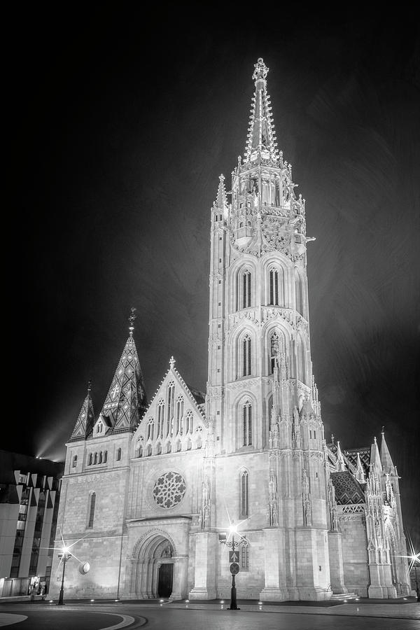 Castle Photograph - Matthias Church Budapest Hungary Night BW by Joan Carroll
