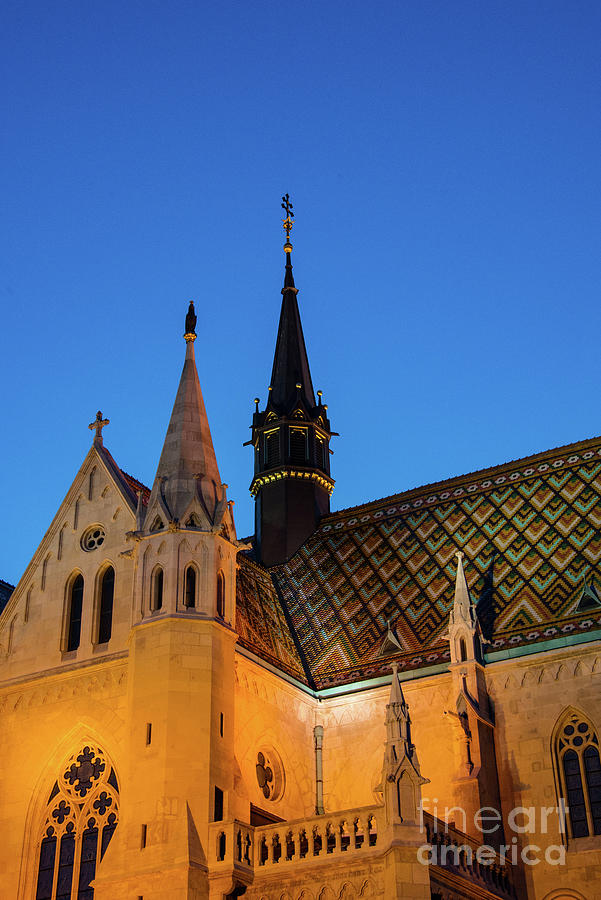 Matthias Church Colored Tiles at Night Photograph by Bob Phillips
