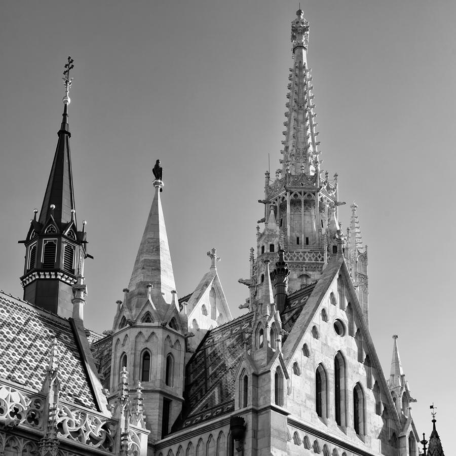 Matthias Church steeples Budapest black and white Photograph by Matthias Hauser