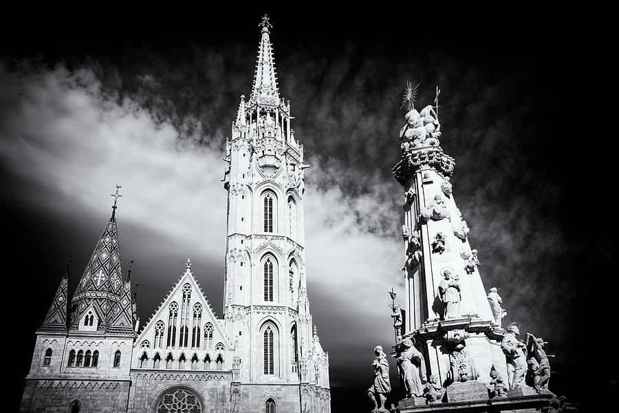 Matthias Church with Trinity column Budapest black and white Photograph by Matthias Hauser