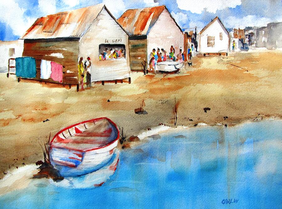 Mauricios Village - Beach Huts Painting by Carlin Blahnik CarlinArtWatercolor