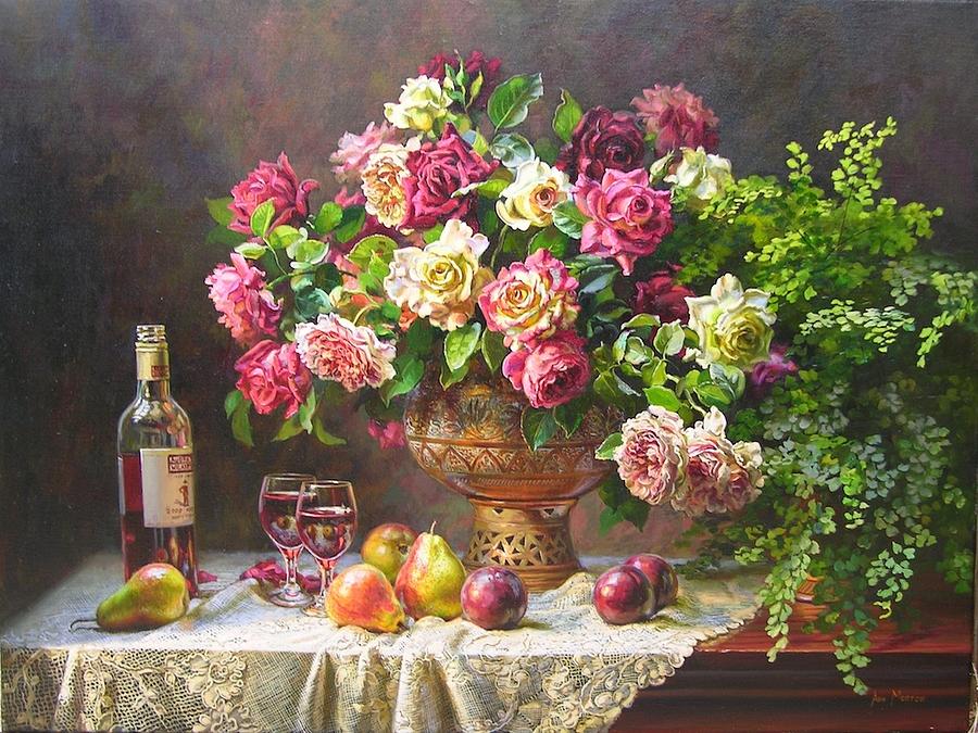 May roses and wine Painting by Ann Morton