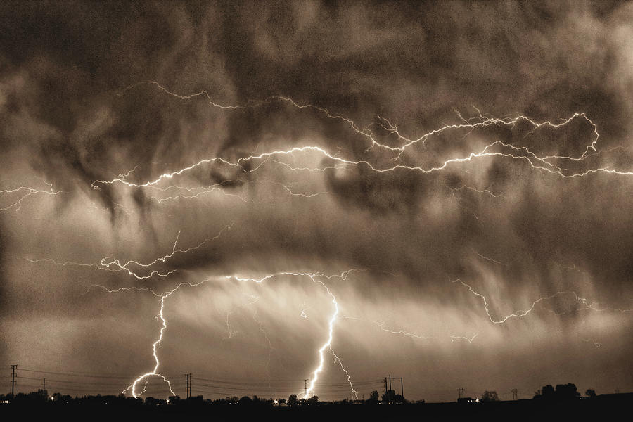 May Showers - Lightning Thunderstorm Sepia HDR Photograph by James BO Insogna