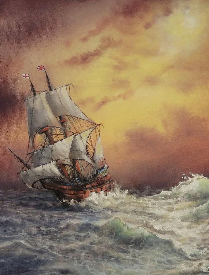 Mayflower At Sea Detail Painting by Tom Shropshire