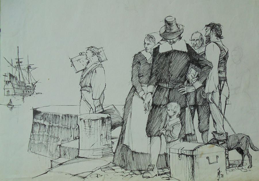 Mayflower departure. Drawing by Mike Jeffries