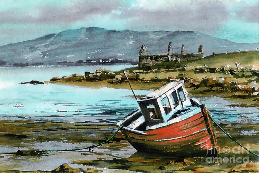 Mayo..Red Boat at Coraun. Painting by Val Byrne