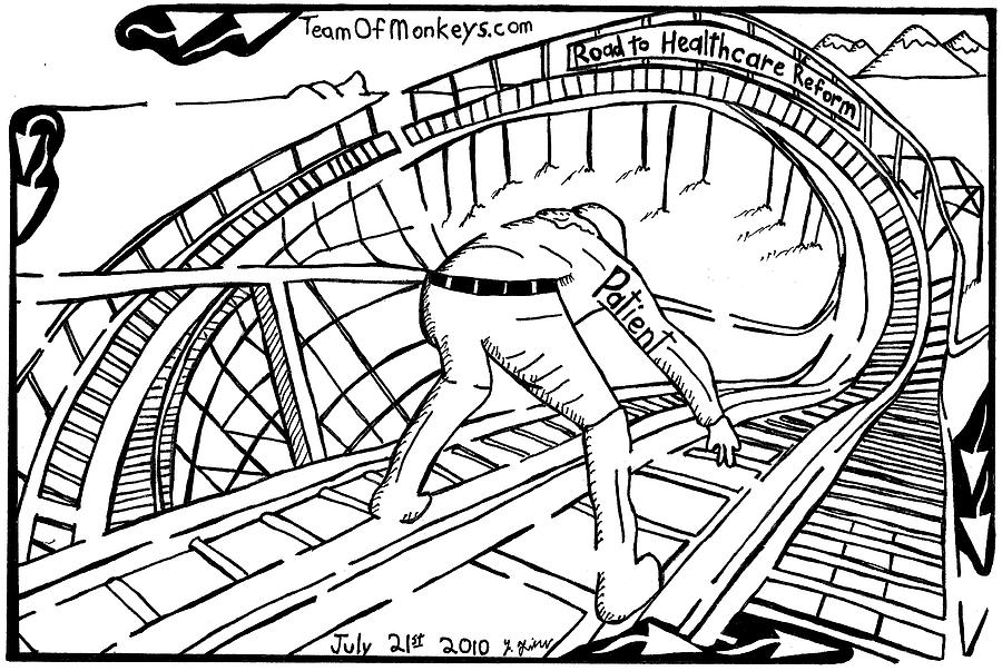 Healthcare Drawing - Maze cartoon of Patient on the rollercoaster of healthcare reform by Yonatan Frimer by Yonatan Frimer Maze Artist