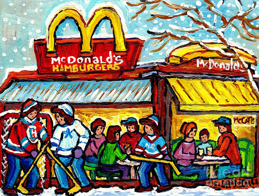 Mcdonalds Hamburger Restaurant Paintings Montreal Mccafe Winter Scenes Hockey Art Carole Spandau    Painting by Carole Spandau