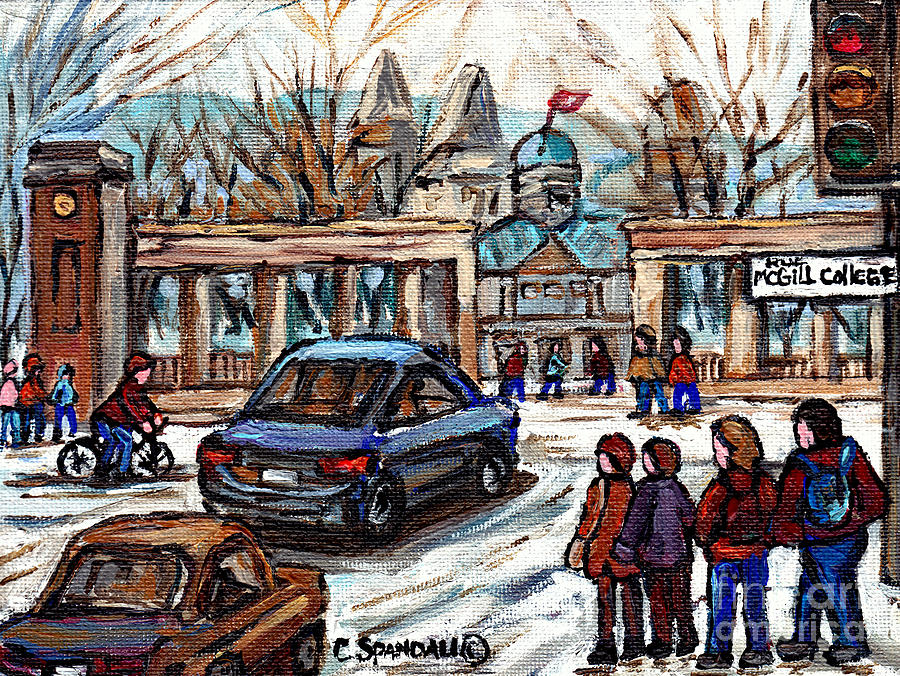 Mcgill Campus Roddick Gates Painting Originals For Sale Best Canadian Art Montreal Winter City Scene Painting by Carole Spandau