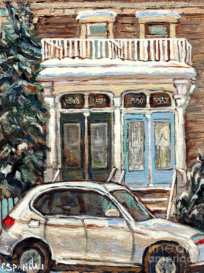 Mcgill Ghetto Double Doors Duplex White Porch Winterscenes Paintings For Sale Montreal Art C Spandau Painting by Carole Spandau