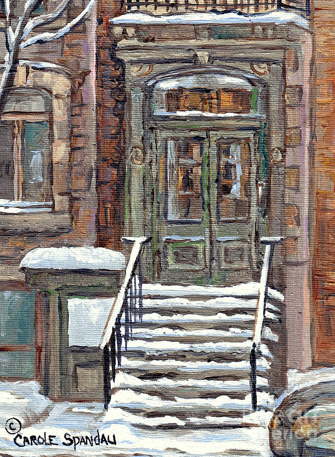 Mcgill Ghetto Green Door Brownstone Winter Staircase Painting For Sale C Spandau Milton Park Scenes  Painting by Carole Spandau