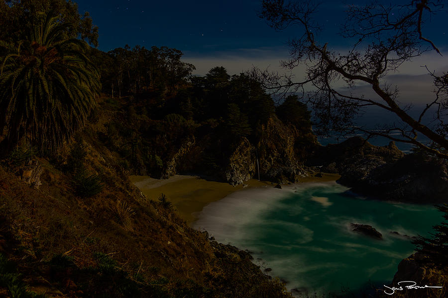 Bay Photograph - McWay Fall at Full Moon by Jens Peermann Bay Photograph - McWay Fall at Full Moon by Jens Peermann