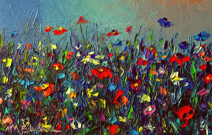 MEADOW DAWN COLORFUL WILDFLOWERS abstract impressionism impasto knife painting by Ana Maria Edulescu Painting by Ana Maria Edulescu