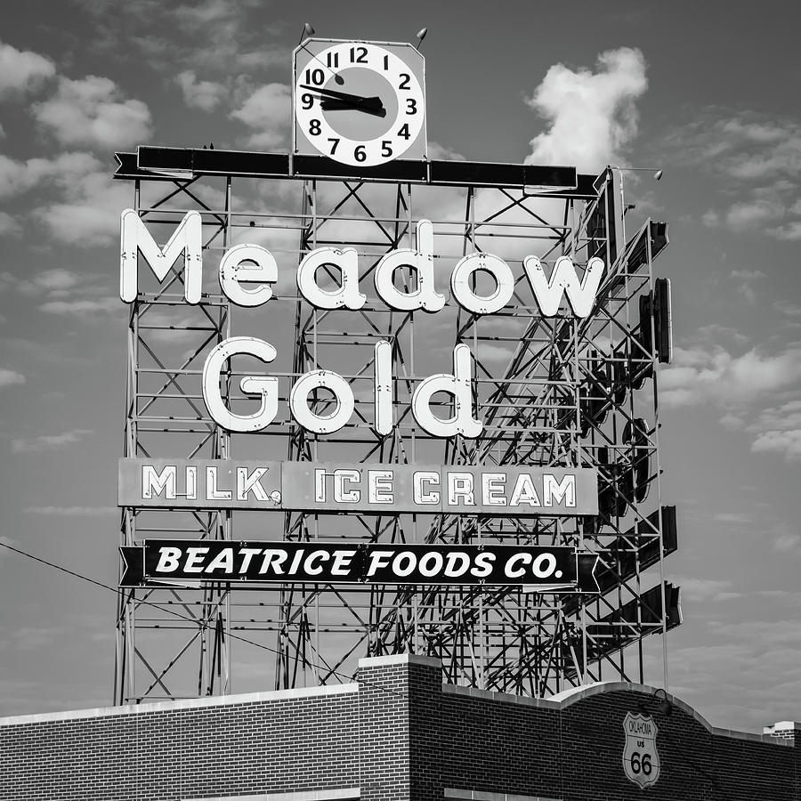 Tulsa Photograph - Meadow Gold Vintage Neon Route 66 Square Black and White by Gregory Ballos