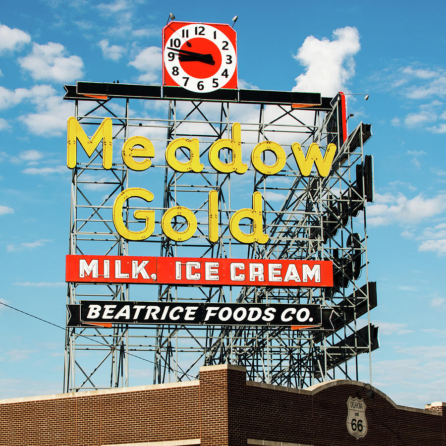 Meadow Gold Vintage Neon Route 66 Square Bold Color Photograph by Gregory Ballos