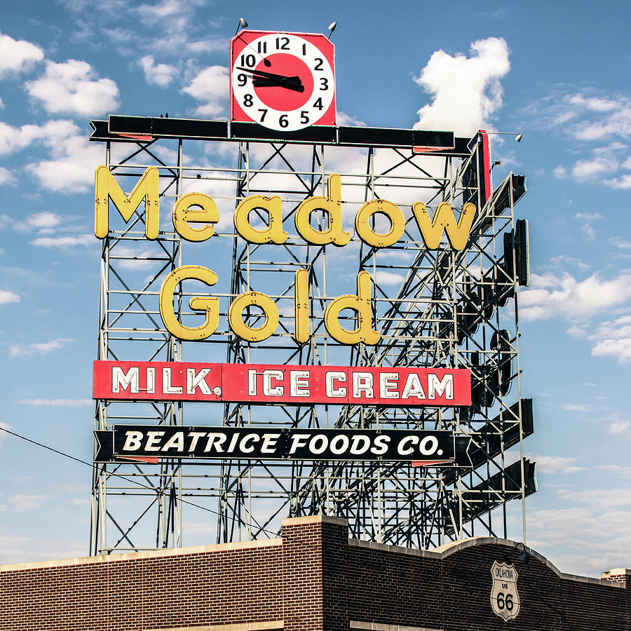Tulsa Photograph - Meadow Gold Vintage Neon Route 66 Square Polaroid by Gregory Ballos