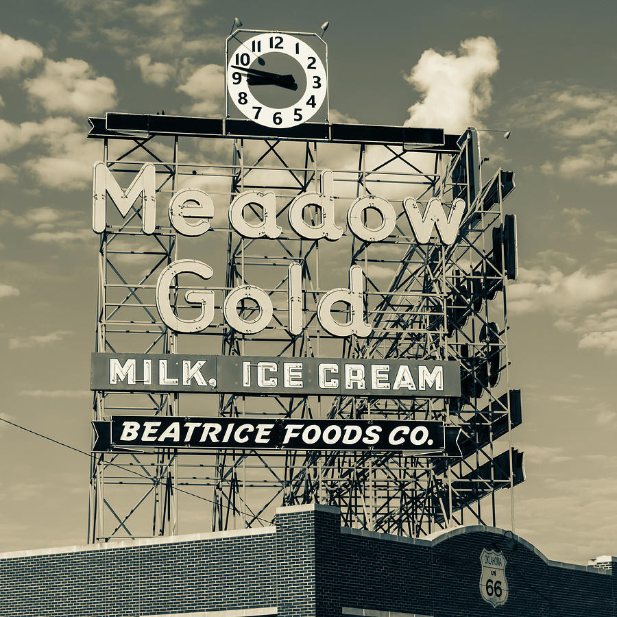 Tulsa Photograph - Meadow Gold Vintage Neon Route 66 Square Sepia by Gregory Ballos