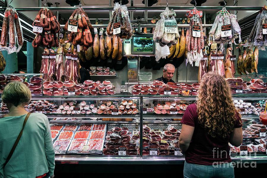 Meat And Sausage Shop In La Boqueria Market Barcelona Spain Photograph by JM Travel Photography