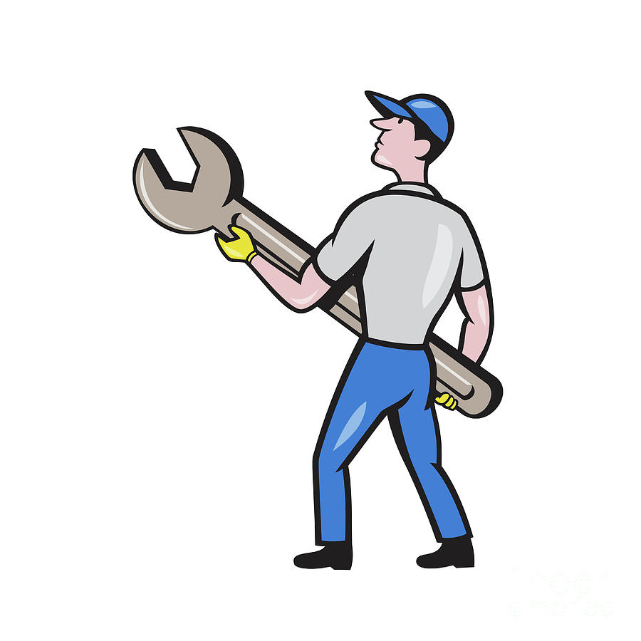 Mechanic Carrying Giant Spanner Cartoon Digital Art by Aloysius ...