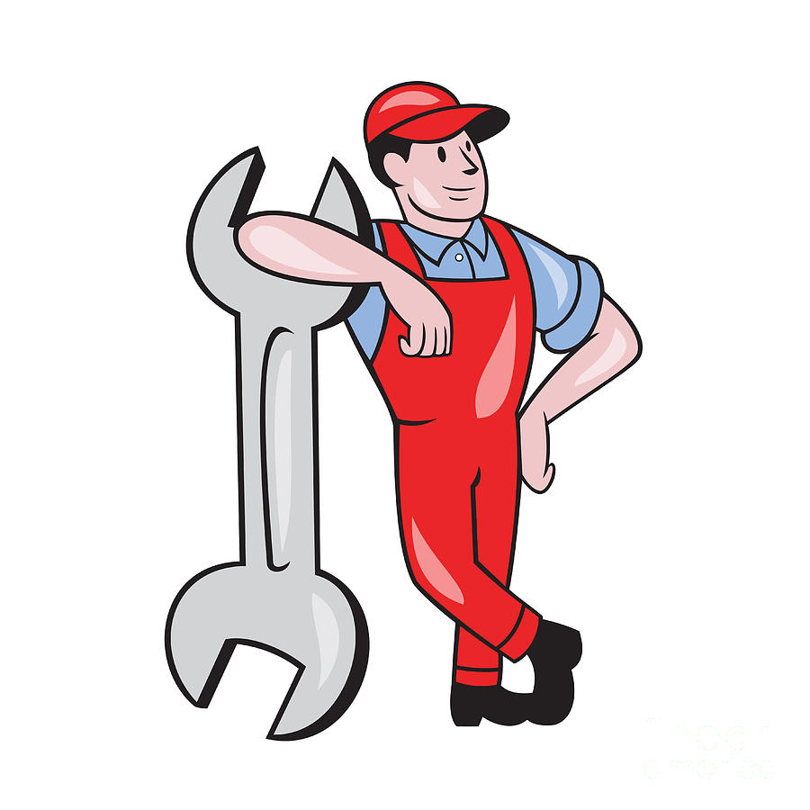 Mechanic Leaning On Spanner Wrench Cartoon Digital Art by Aloysius ...