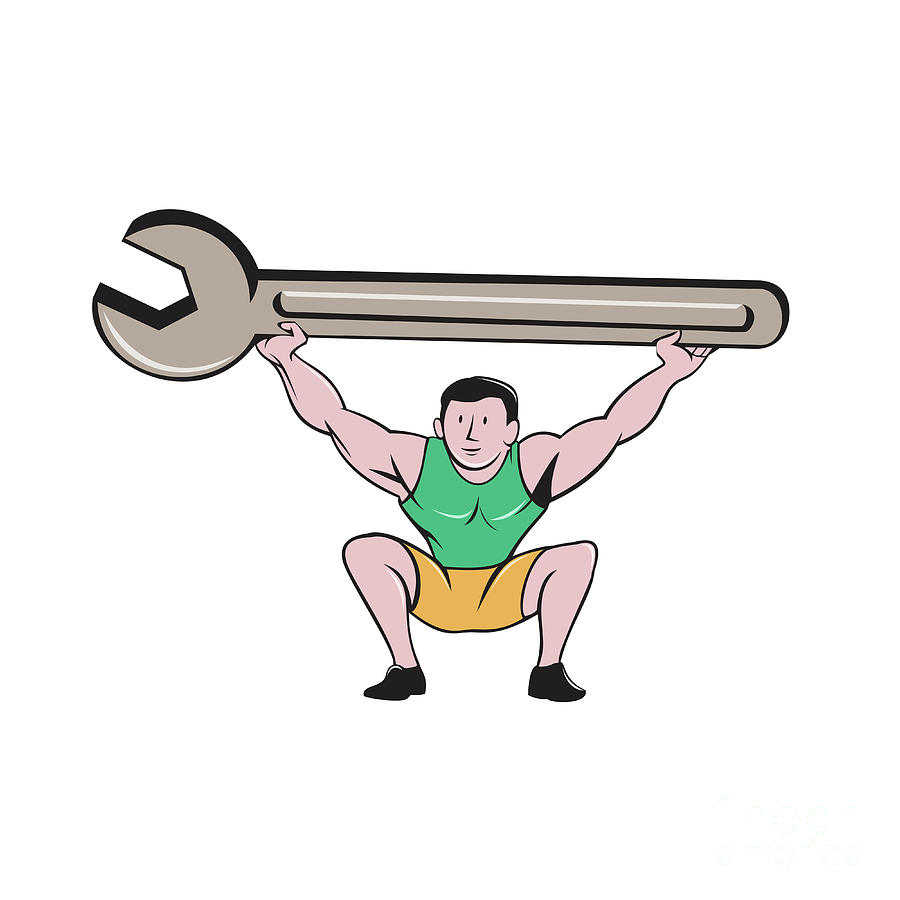 Tool Digital Art - Mechanic Lifting Giant Spanner Wrench Cartoon by Aloysius Patrimonio